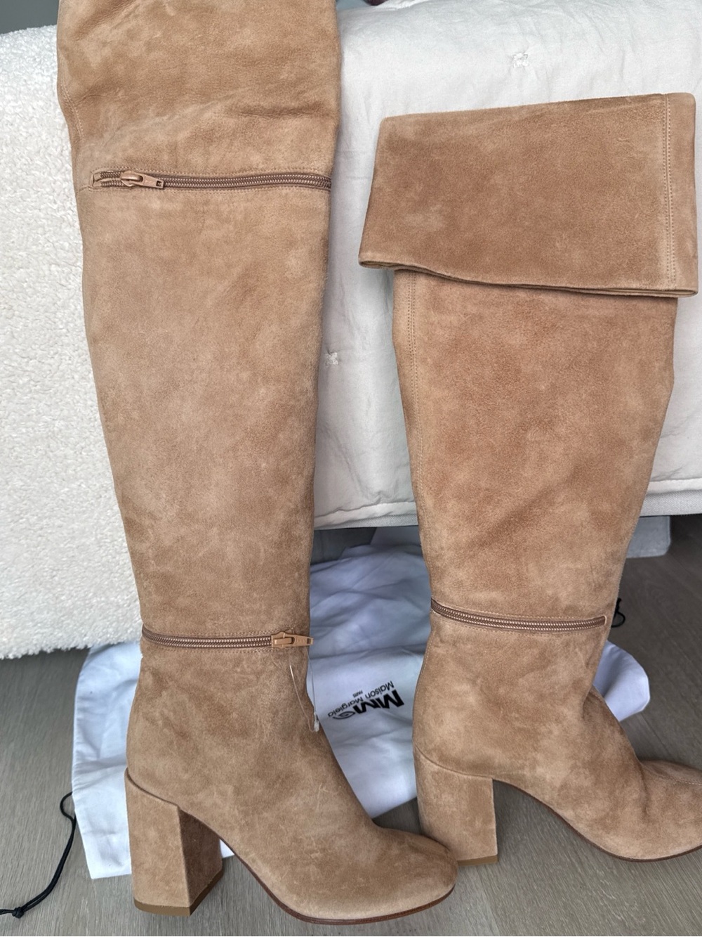 Maison Martin Margiela Tan Suede Over-the-Knee Fold-Top Boots